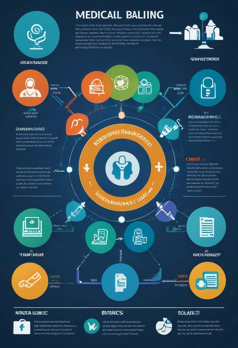 An intricately designed infographic illustrating the flow of medical billing services, showcasing key elements like insurance claims, patient invoicing, and revenue cycles. Include modern healthcare symbols such as stethoscopes, dollar signs, and digital devices to emphasize technology's role. Use a harmonious color palette with a professional aesthetic to convey trust and efficiency. Add subtle textures to bring depth, while ensuring clarity and readability. vector art. vibrant colors.
