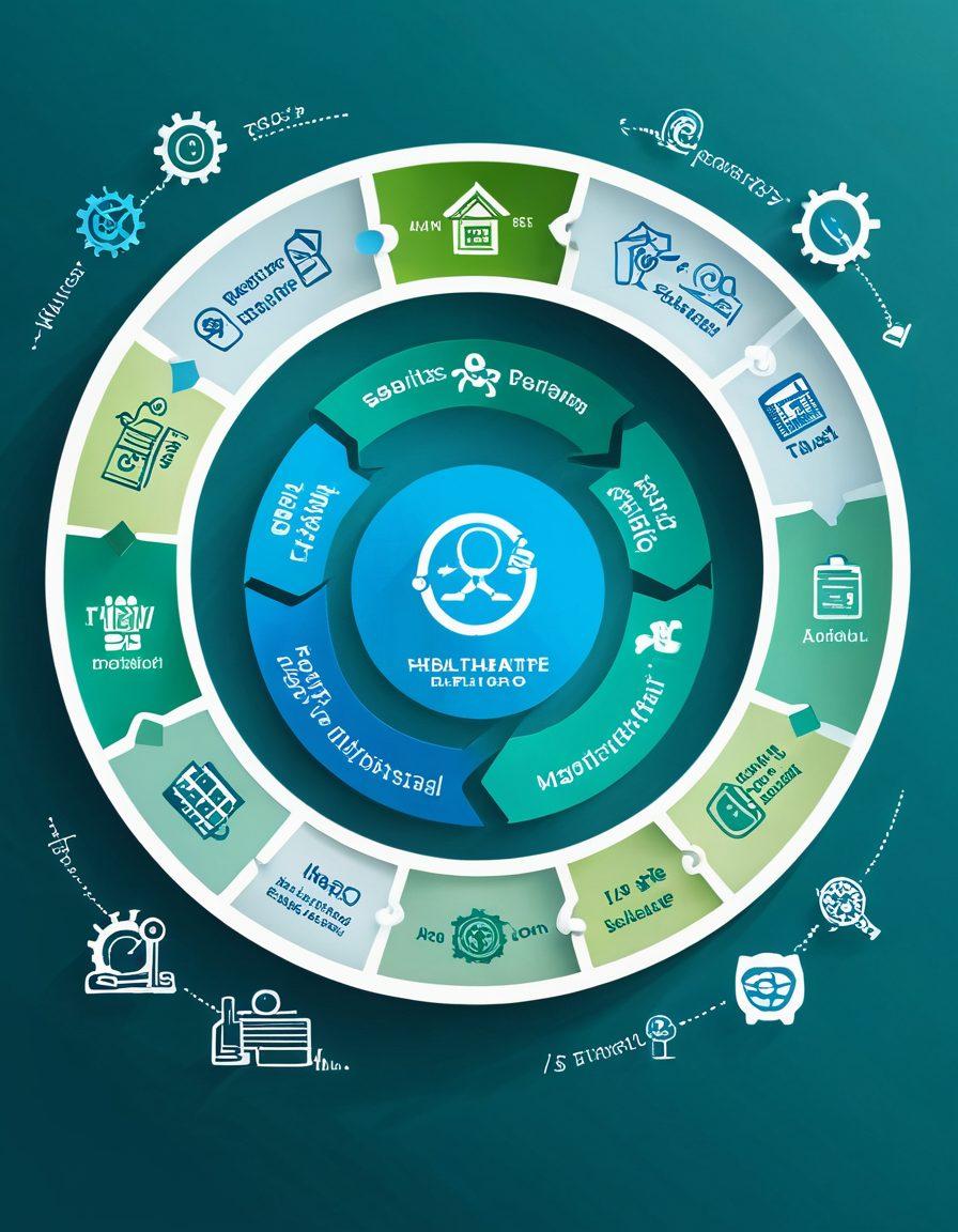 A dynamic visual representation of the healthcare revenue cycle, featuring a winding path with claim submission forms, calculators, and dollar signs leading to a hospital. Along the path, icons symbolizing expert billing solutions, such as a magnifying glass and gears, depict the process of navigation and efficiency. The background should be a blend of healthcare-themed colors, like blue and green, highlighting professionalism and trust. Bright, engaging, and informative elements should dominate the composition. vibrant colors. 3D.