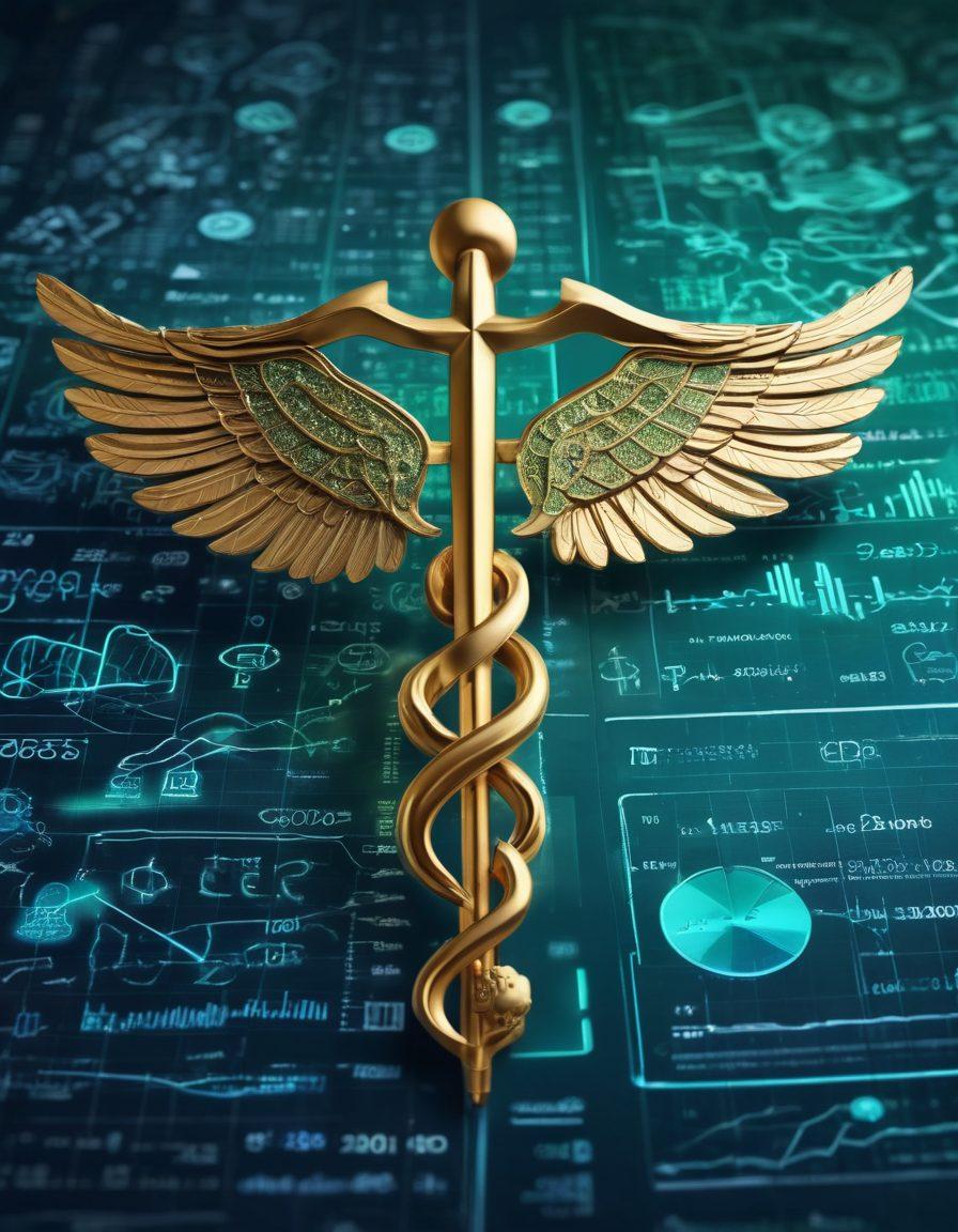 An abstract representation of medical coding and billing, featuring a dynamic blend of medical symbols like caduceus and dollar signs, surrounded by data streams and charts illustrating revenue growth. The background should be a mix of blue and green tones, representing trust and health, with highlights of golden light emphasizing potential. Incorporate a tech-savvy vibe with a digital 3D effect. super-realistic. vibrant colors.